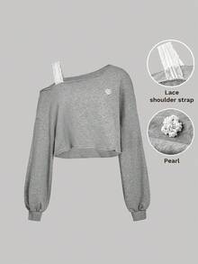 SHEIN MOD 女式休闲单肩长袖运动衫 - 灰色 - 查看 1