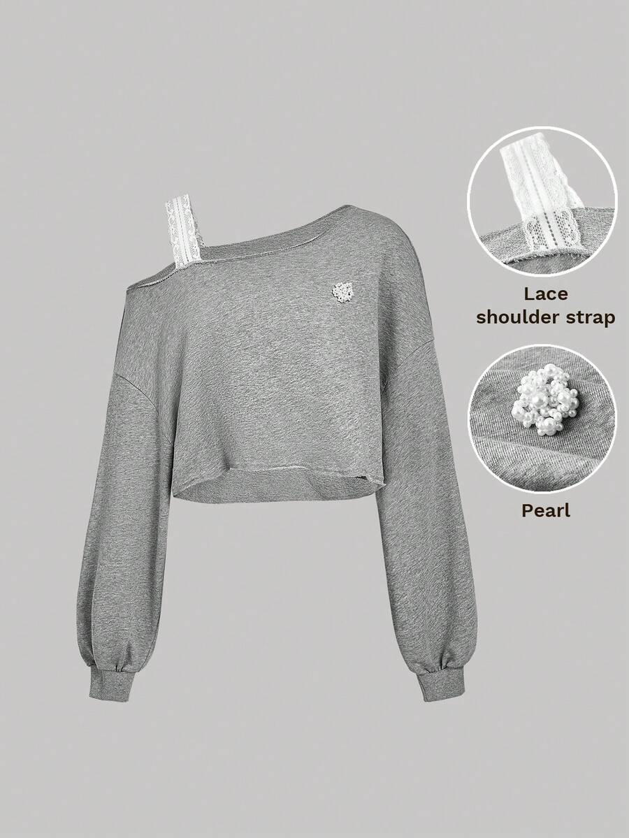 SHEIN MOD 女式休闲单肩长袖运动衫 - 灰色 - 查看 1