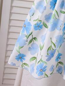 SHEIN Vintaside Kids 2 件套女童休闲罗纹针织开衫，蝴蝶结装饰和简约印花吊带裙，春秋 - 淺藍色 - 查看 7