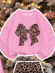 SHEIN Leap Crew 2pcs Cream Pink, Glitter Leopard Bow Graphic Tween Girls Casual Loose Thick Soft Comfortable Crew Neck Long Sleeve Sweatshirt And Leggings Set, Suitable For Autumn & Winter - Multicolor - View 7