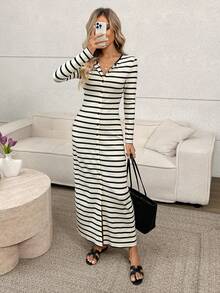 圆领前扣高开衩腰直筒长袖修身连衣裙，纹理条纹面料 - 彩色 - 查看 4