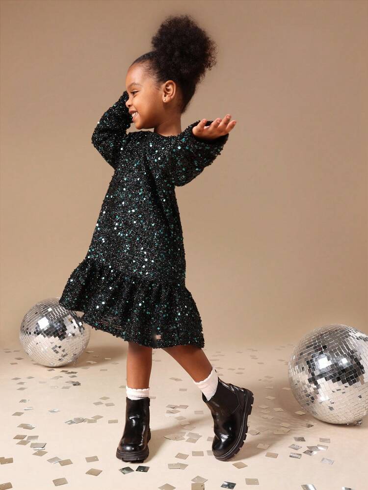 Sequin Long Sleeve Dropped Waist Dress