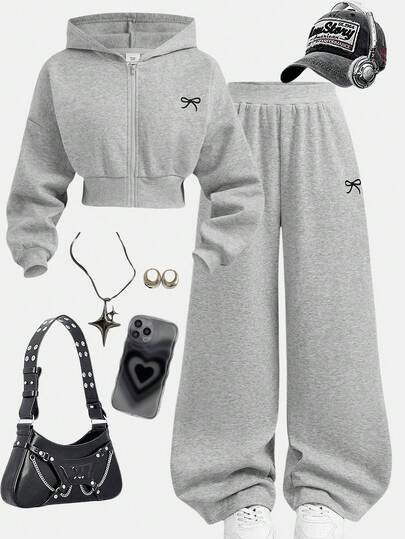 SHEIN Girlism 青少年女孩两件套天鹅绒白花灰色腰部套头连帽衫和宽松运动裤休闲运动装，秋冬，运动服