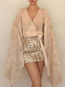 Rafferiza Sexy Printed Sequin Patchwork Long Sleeve A-Line Bodycon Dress - Apricot - View 1