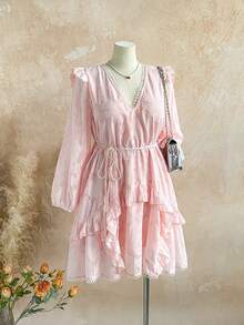 Soleia Plus Size Women Elegant Solid Color Jacquard Ruffle Hem Dress, Autumn - Pink - View 4
