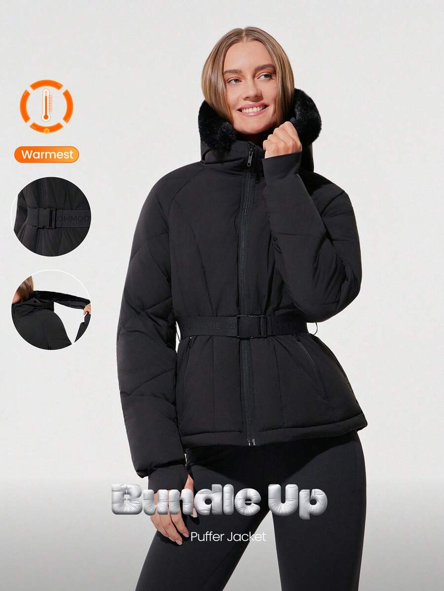 GLOWMODE Chilly Days Soft Lightweight Warm Water-Repellent Faux Fur Hood Down-Proof Belted Puffer Jacket Autumn Winter Outdoor Daily Casual - Black - View 1