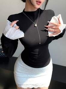 DAZY 女士纯色立领插肩袖修身弧形下摆休闲长袖T恤 - 黑色 - 查看 3