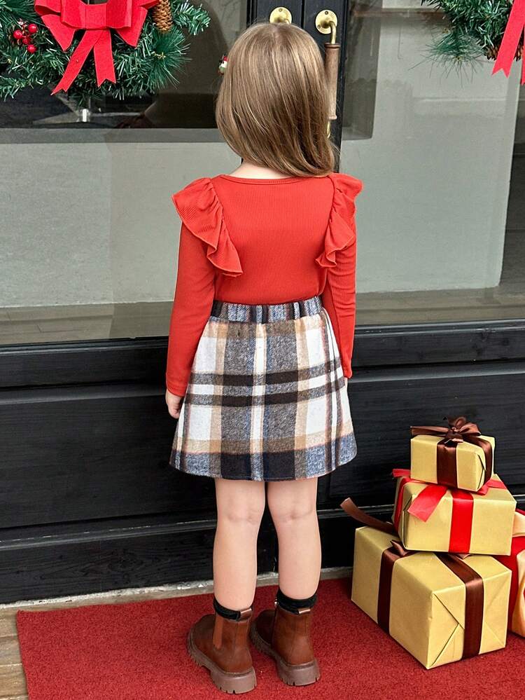 2pcs/Set Young Girl Christmas Ruffle Trim Top And Plaid Skirt Set