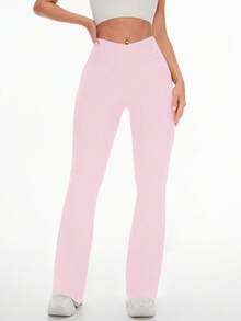 Easithlete Women V Shaped  Yoga Legging Flare Leg For Women High Waisted Bootcut Yoga Pants Wide Leg Yoga Pants Stretchy Work Pant For Workout Athletic Running Cycling Yoga Pickleball Exercize Casual Fleece Fabric Workout Tights - Baby Pink - View 8