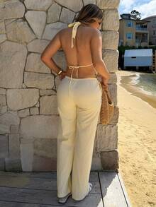 Maria Perezxox 2 件女式蓝白条纹套装：棉质深 V 领露背吊带上衣和高腰抽绳阔腿裤，时尚休闲度假日常装，春夏 - 黃色 - 查看 1