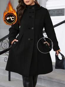 Ellevyn 大码女式纯色双排扣口袋褶皱连帽大衣，秋冬 - 黑色 - 查看 2