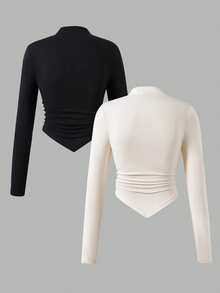 Teen Girl Casual Solid Color Stand Collar Asymmetric Hem T-Shirt, Autumn