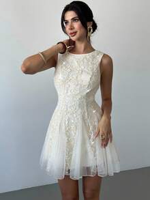 Firerie Women's Floral Textured Round Neck Sleeveless Elegant Contrast Mesh Dress,Mother's Day,Patchwork Tulle Dress, Princess Dress, Birthday Dress, Party Dress, Wedding Season, White Dress Embroidered Dress,Graduation,Prom,Country,Summer Dresses For Women - Apricot - View 4