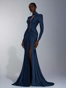 Elitara 优雅设计针织立领性感深 V 直肩长袖美人鱼下摆拉链连衣裙，适合海滩、户外、鸡尾酒会、下午茶、婚礼、宴会、商务活动等场合 - 藏蓝色 - 查看 4