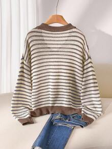 CosyJoli Plus Size Casual Polo Collar Striped Long Sleeve Pullover Sweater Pullover For Women Jumper For Women Women Sweater Striped Sweater V Neck Sweater In Fall/Winter - Coffee Brown - View 2