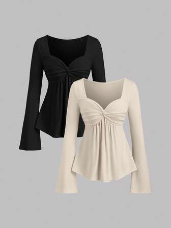 Sweetra 2 st. Elegant, bantande, bekvämt, långärmat, mångsidigt T-shirtset för kvinnor