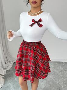 Selianne 女式优雅修身圆领蝴蝶结装饰拼布格子长袖短款连衣裙，秋季 - 紅白色 - 查看 7
