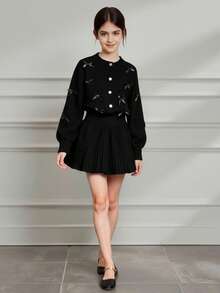Conjunto de 2 piezas para niña preadolescente con jersey de punto con lazo elegante y falda de punto plisada, atuendo de invierno - Negro - Ver 8