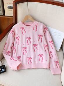 Girls' Round Neck Casual Pullover Jacquard Bow Loose Long Sleeve Knit Sweater, New Autumn Collection - Pink - View 4