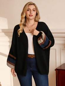 Rosumi Plus Size Women Casual Contrast Stripe Cardigan, Autumn/Winter,Fall Clothes For Women - Multicolor - View 5