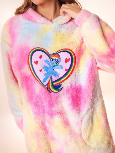 My Little Pony X SHEIN Women Winter Cartoon Embroidery Hooded Fuzzy Sleep Dress