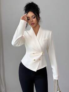 Elenzga Damen elegante asymmetrische Saum figurbetonte kurze Bluse mit Kreuzausschnitt, geeignet für den Arbeitsweg, Urlaub, Nachmittagstee - Aprikosenfarben - Übersicht 7