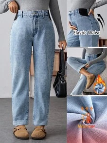 SHEIN Maternity Fall Autumn Winter Halloween Christmas New Year Thanksgiving Commuting Vacation Y2k Cute Streetwear Birthday Airport Party Old Money Work Casual Everyday Commute Versatile High Waist Cuffed Hem Straight Leg Jeans Thermal Lined Warm Jeans For Women High Waist Light Wash Elastic Denim Pants Cozy Winter Style Blue Jeans