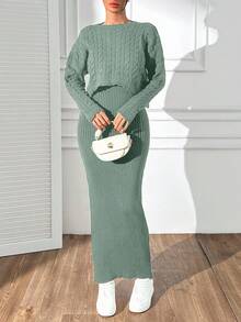 EURMUSE 女士时尚休闲粗针织毛衣和连衣裙套装 - 薄荷綠 - 查看 7