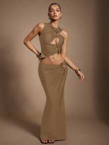 Hauture Váy Maxi đuôi cá màu nâu sẫm lấp lánh có chi tiết cắt xẻ và xích cho nữ - Màu Khaki - Xem 4