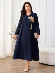 Al Najma 大码女式棕榈树印花V领长袖宽松连衣裙 - 藏蓝色 - 查看 3