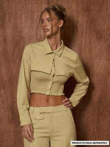 MUSERA 层叠纽扣褶皱修身收腰翻领衬衫，可爱优雅性感，适合约会、外出、圣诞夜、工作、冬季、节日、派对等场合。 - 芥末黃 - 查看 1