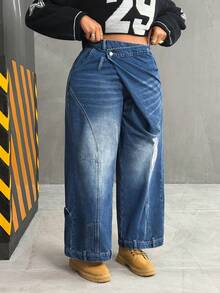 Slaydiva Jeans casuales holgados de pierna ancha con cintura asimétrica para mujer de talla grande