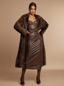 Silquee 女式纯色翻领长袖长款人造皮草大衣，冬季 - 咖啡棕 - 查看 5