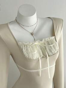 Elamini Áo thun cổ vuông tay dài phối ren tương phản thời trang thường ngày dành cho nữ, Thu/Đông - Màu Khaki - Xem 5