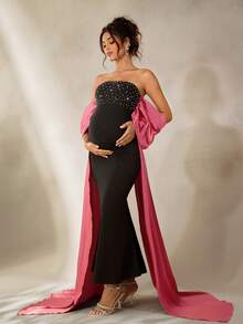 Cheriluna Maternity Women's Glittering Pink Sheer Strapless Bow Ruffle Trailing Maternity Photoshoot Dress, Glitter Sequin Dress/Elegant Dresses For Party/Black Dress/Christmas Party Dress - Black - View 5