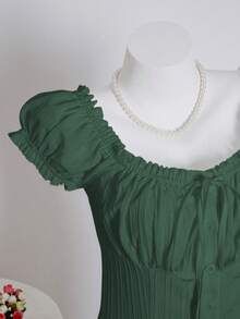SHEIN Unity Women's Summer Solid Color Ruffle Hem Tie Waist Short Sleeve Blouse - Dark Green - View 4