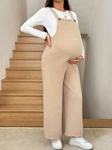 SHEIN Maternity Solid Color Button Design Wide Leg Loose Casual Jumpsuit, Autumn - Camel - View 5