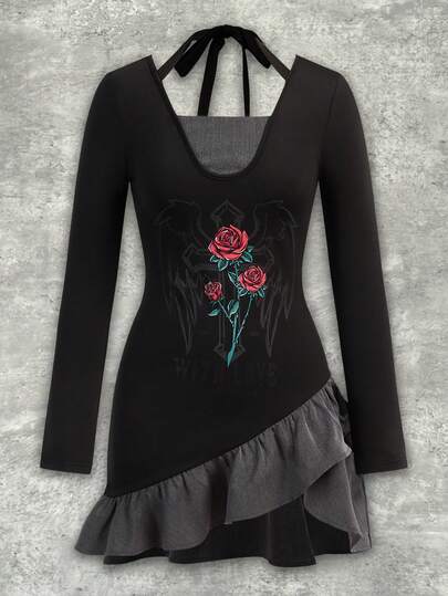 Shutterstock Y2Kool Vestido corto de manga larga con cuello halter, estampado de alas de ángel con rosas, en patchwork de tejido de punto y tejido, ajustado, para mujer, estilo gótico, top con estampado de rosas, ropa gótica, colección de ropa de estilo, atuendos de Año Nuevo