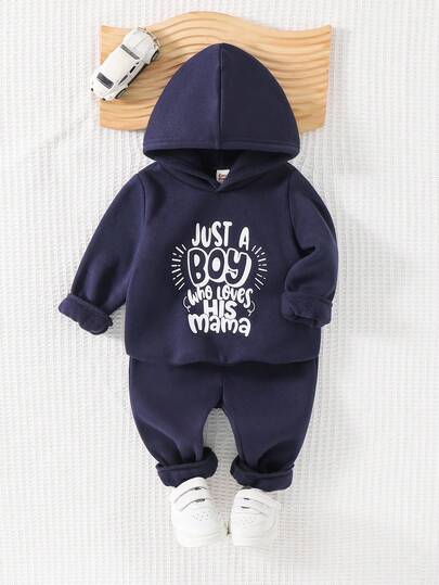 Cozy Pixies 2件套男婴字母印花柔软针织圆领长袖连帽衫和慢跑裤套装