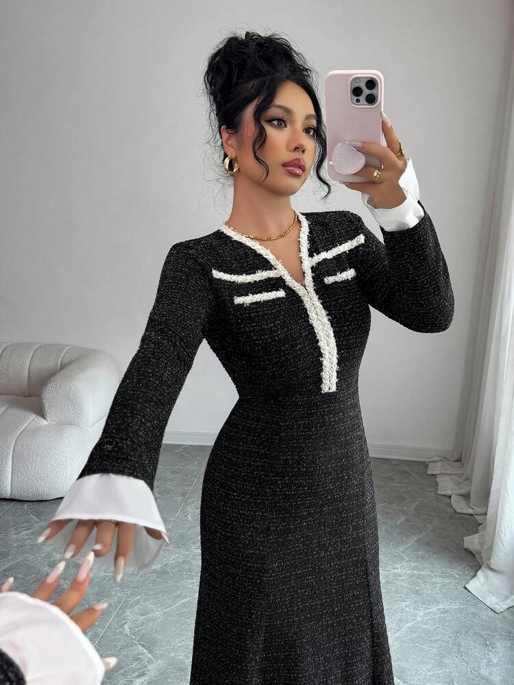 Women's V-Neck Flare Sleeve Elegant Waist Wrap Midi Dress