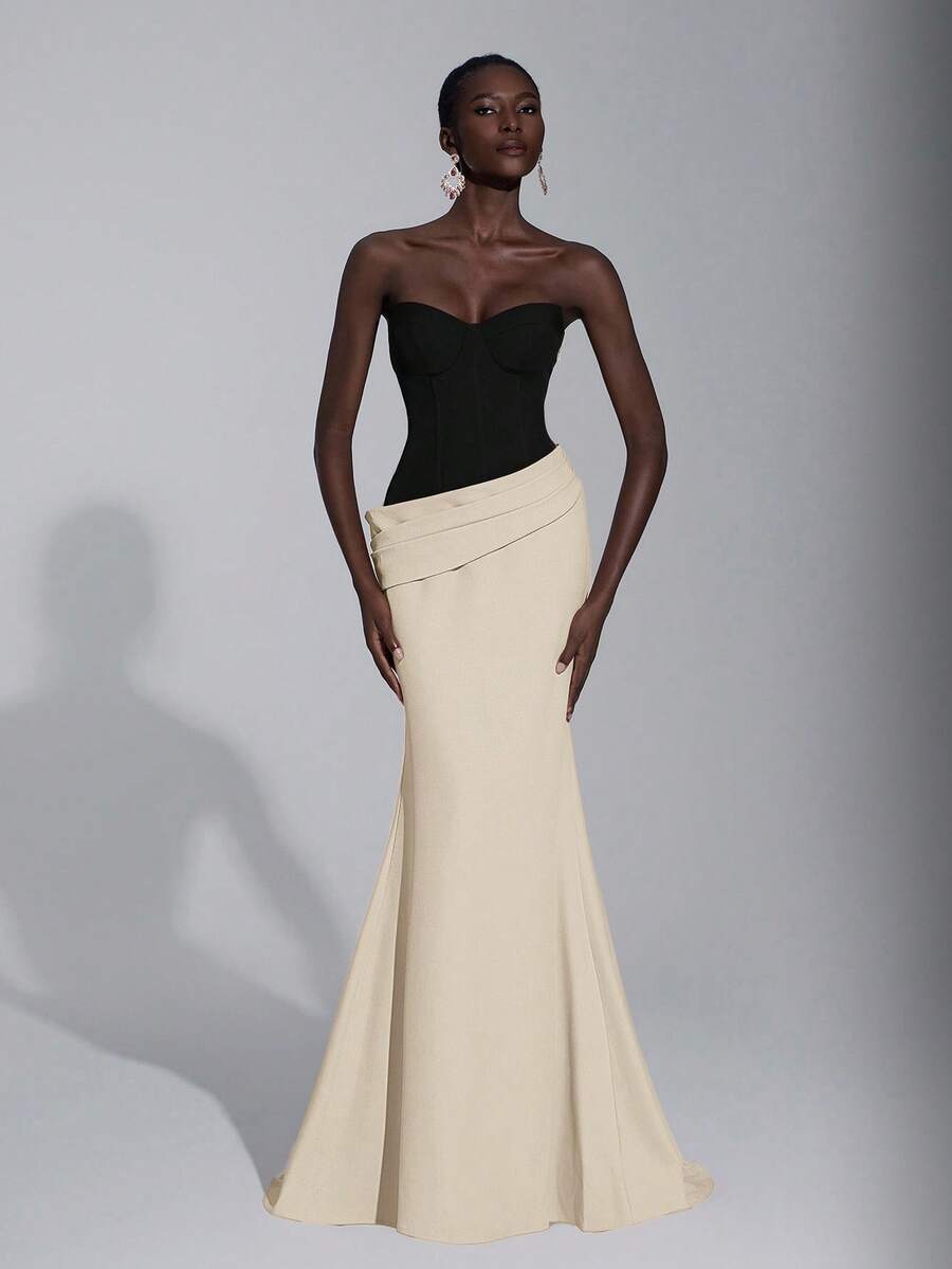 Elitara 优雅、浪漫、性感、简约、深紫红色、撞色粉色、斜纹面料、鱼尾下摆、拖尾、时尚、影响者、节日、度假、生日派对、婚礼活动、正式晚礼服 - 黑與白 - 查看 1