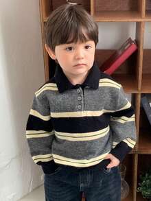 DAZY Baby Boy Striped Polo Neck Long Sleeve Casual Sweater, Autumn/Winter - Grey - View 5