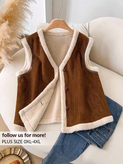 CosyJoli 大码休闲万圣节焦糖色仿皮草背心夹克牛仔女背心棕色背心绒面革背心棕色皮草背心秋冬