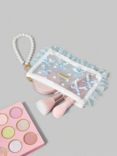 Kawaii 1pc Heart & Bow Pearl Chain Decor PVC Transparent Lace Wristlet Makeup Bag Coin Purse Earphone Lipstick Jewelry Portable Organizer, Gift For Travel