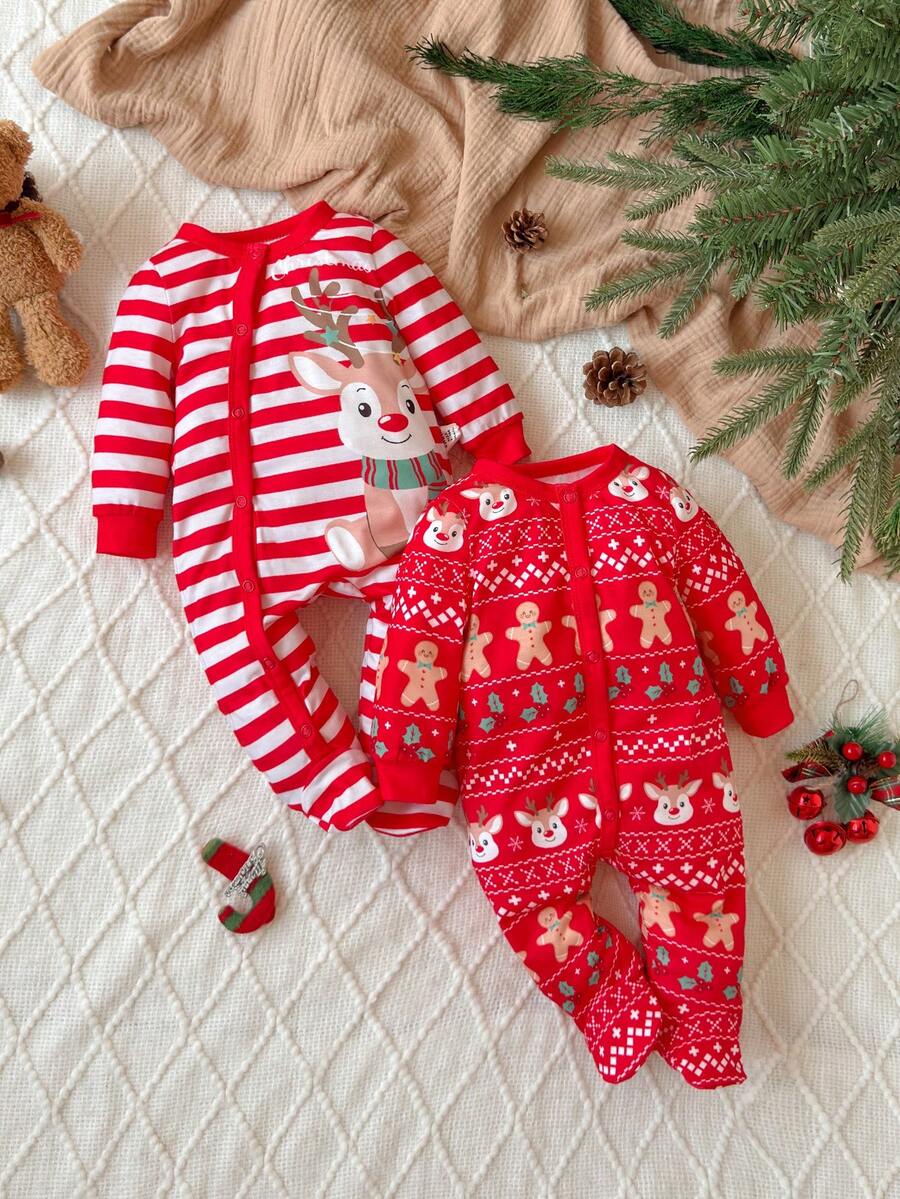 新生女婴可爱针织圣诞卡通图案长袖连体衣 - 紅色 - 查看 1