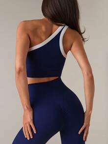 SHEIN BAE Seamless One-Shoulder Yoga Camisole Butt Lifting High Elasticity Women Sports Suit One Shoulder Workout Set Navy Workout Set Workout Set Two Piece Gym Leggings Set Activewear Set Two Piece Workout Set Yoga Set Workout Leggings Two Piece Set Active Two Piece Set Yoga Two Piece Set Workout Legging Two Piece Set Gym Two Piece Set - Navy Blue - View 5