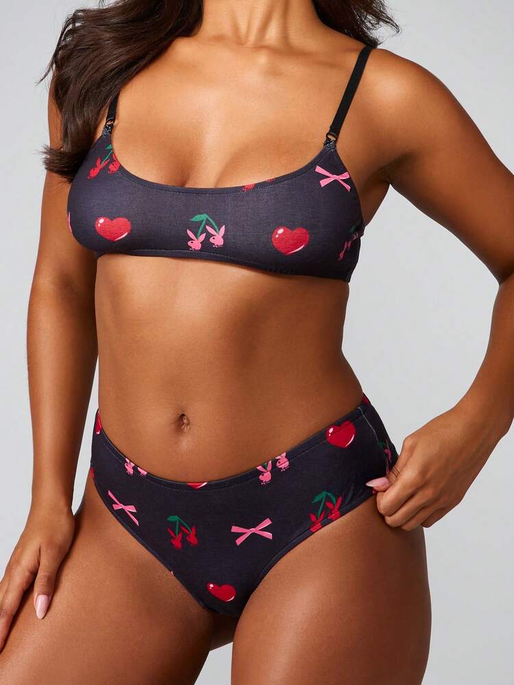 Missguided x Playboy Cherry Hearts And Bow Print Bralette And Panty Set With Unpadded Cups