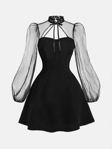 Girlism 少女网眼拼布蝴蝶结领长袖优雅连衣裙 - 黑色 - 查看 3