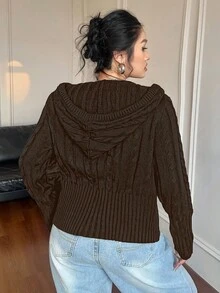 POPSWAY 大码女式拉链抽绳连帽休闲针织开衫，秋冬 - 咖啡棕 - 查看 2