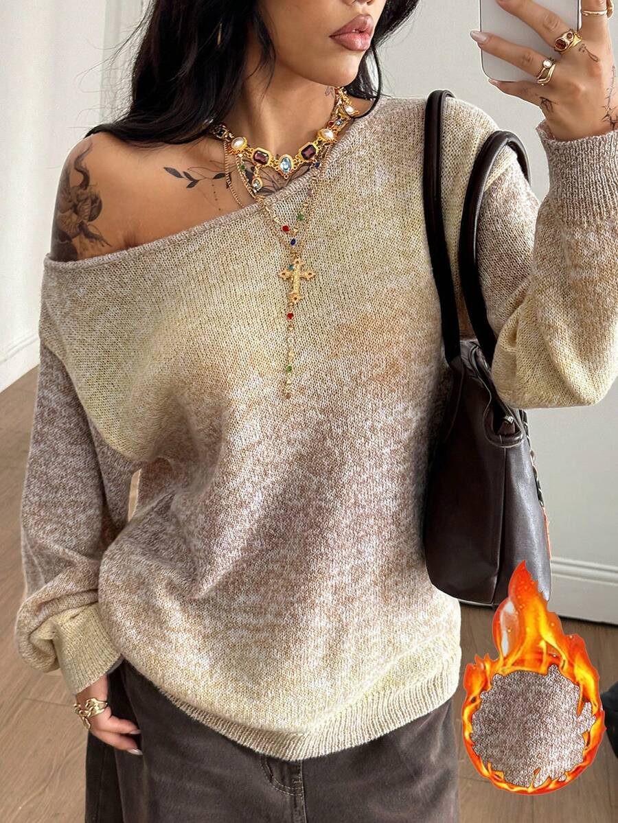 Coolane Áo len họa tiết sọc rộng rãi thoải mái, phong cách đường phố, cổ điển, hở vai, dành cho nữ mùa thu - Màu Khaki - Xem 1